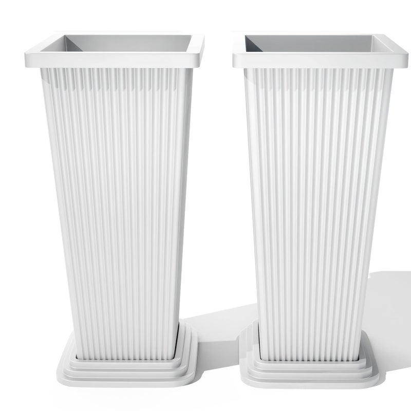 FENCY Set of 2 Tall Planters for Outdoor Plants, 24 Inch Large Tapered Pots with Drainage Trays, Weather-Resistant Plastic Plant Containers for Patio, Porch, Garden, Front Door Decor,White, Striped - Image 1