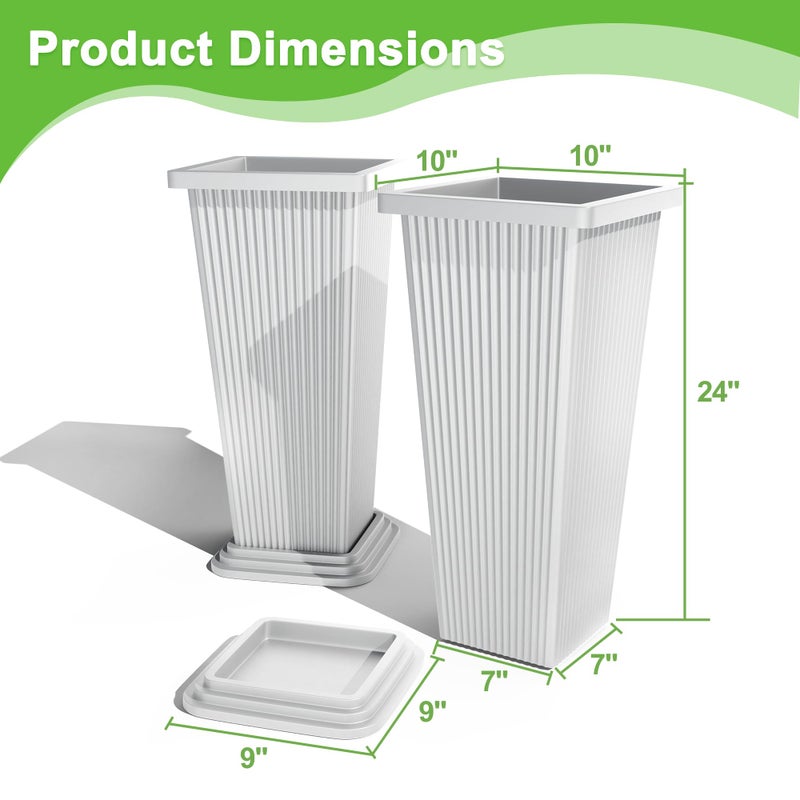 FENCY Set of 2 Tall Planters for Outdoor Plants, 24 Inch Large Tapered Pots with Drainage Trays, Weather-Resistant Plastic Plant Containers for Patio, Porch, Garden, Front Door Decor,White, Striped - Image 3