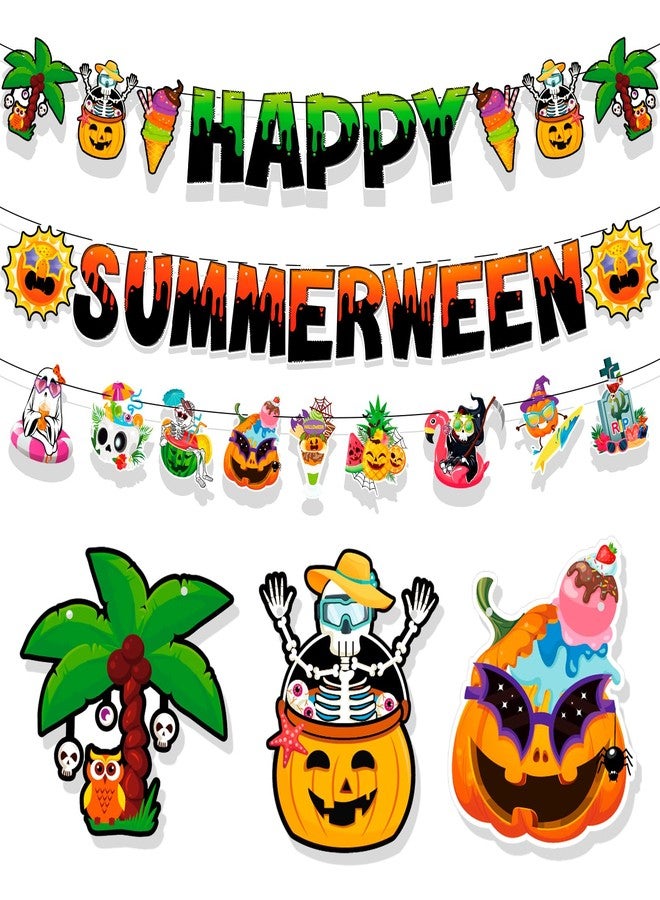 هواف لافتة هالوين صيفية، لافتة زينة هالوين صيفية سعيدة، زينة حفلات هالوين صيفية، لافتة ديكور هالوين في الصيف، زينة معلقة على شكل أشباح ليلة الهالوين بطابع هاواي - Image 1
