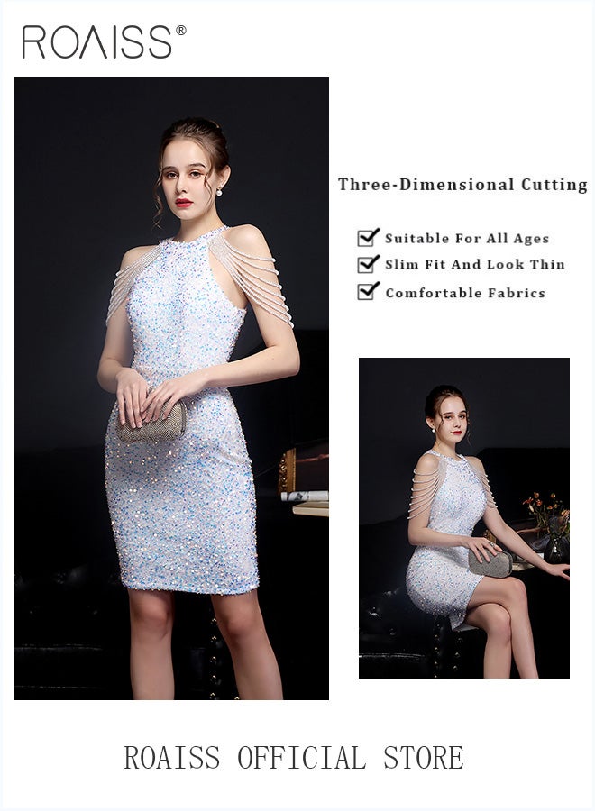 roaiss Banquet Party Hip Dress for Women Evening Dresses Halter Neck Sequins Short-Length Sleeveless Mid-Rise Solid Prom Ball Gown Wedding Elegant Slim Formal Dresses Bridesmaid Dress  - Image 5