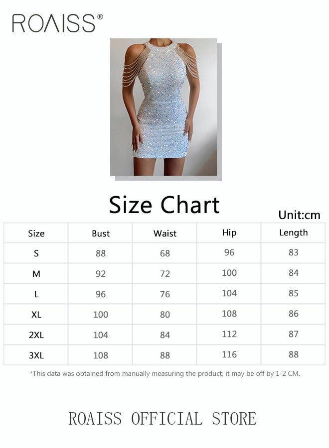 roaiss Banquet Party Hip Dress for Women Evening Dresses Halter Neck Sequins Short-Length Sleeveless Mid-Rise Solid Prom Ball Gown Wedding Elegant Slim Formal Dresses Bridesmaid Dress  - Image 2