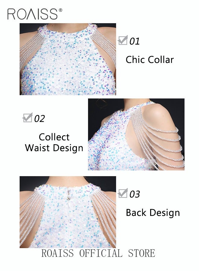 roaiss Banquet Party Hip Dress for Women Evening Dresses Halter Neck Sequins Short-Length Sleeveless Mid-Rise Solid Prom Ball Gown Wedding Elegant Slim Formal Dresses Bridesmaid Dress  - Image 4