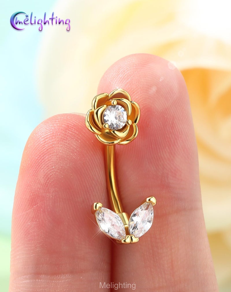 Melighting 14G Flower Belly Button Ring, 316L Surgical Steel Marquise CZ Belly Rings, Gold Navel Piercing Barbell, 10 mm Body Jewellery for Women - Image 2