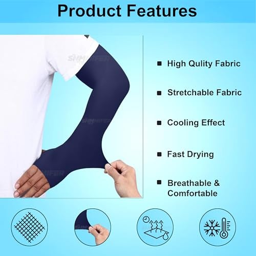 SNMMIFER UV Protection Arm Sleeves with Thumb Holes, Nylon Sun Protection Hand Cover for Running and Cycling, Unisex (2 Pair-Blue) - Image 3