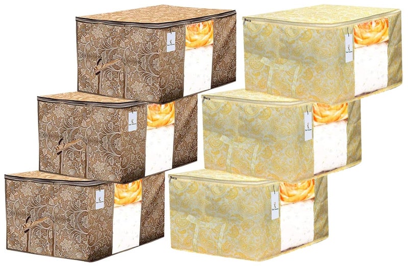Kuber Industries Metalic Printed 6 Piece Non Woven Fabric Underbed Storage BagCloth OrganiserBlanket Cover with Transparent Window Gold Beige CTKTC41155 - Image 1