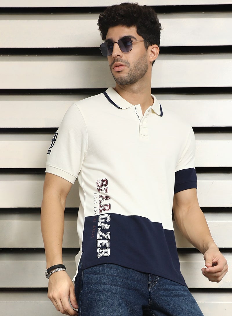 HIGH STAR Off White Polo Collar Color Block Cotton T-shirt for Men  - Image 1