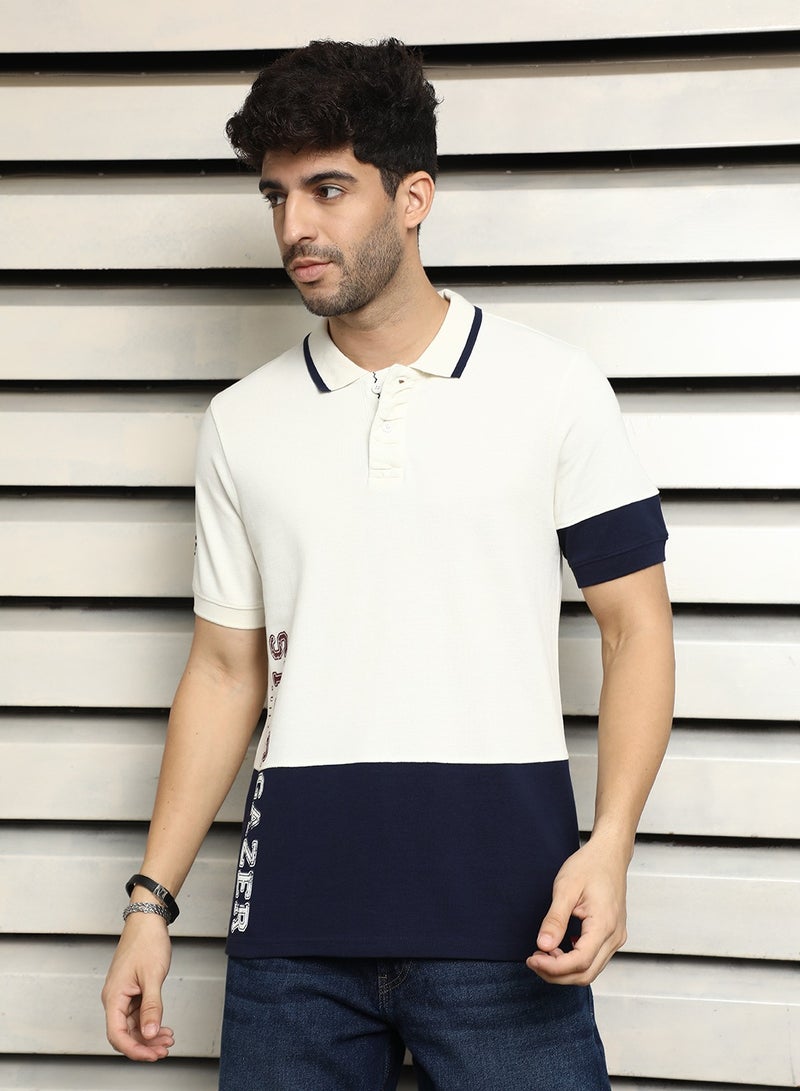 HIGH STAR Off White Polo Collar Color Block Cotton T-shirt for Men  - Image 2