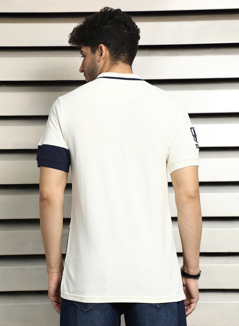 HIGH STAR Off White Polo Collar Color Block Cotton T-shirt for Men  - Image 3