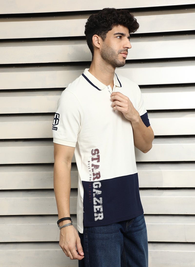 HIGH STAR Off White Polo Collar Color Block Cotton T-shirt for Men  - Image 5