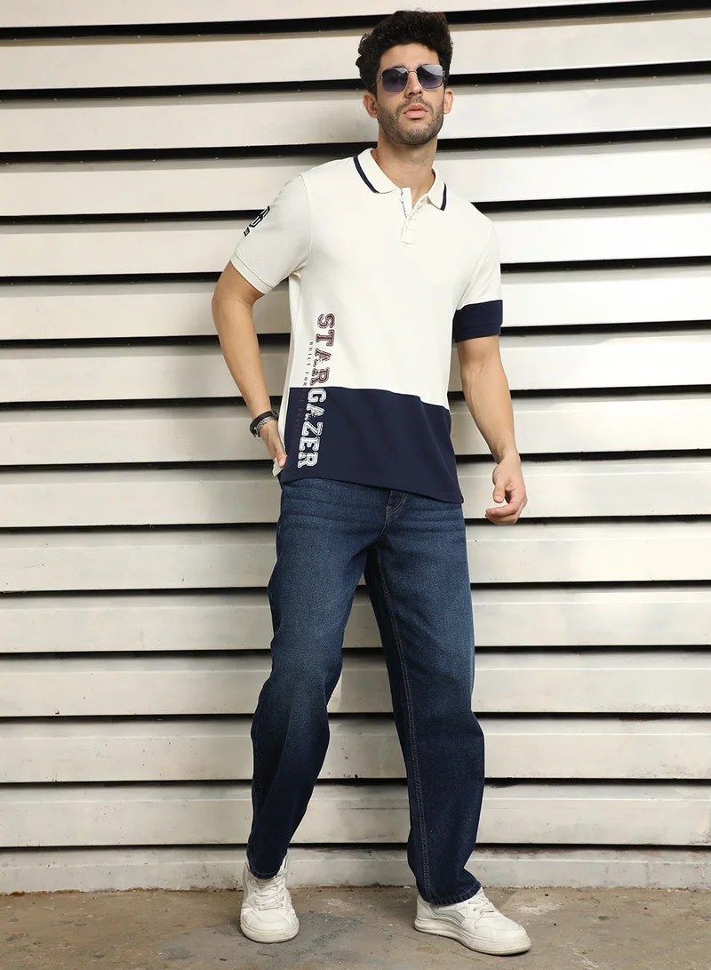 HIGH STAR Off White Polo Collar Color Block Cotton T-shirt for Men