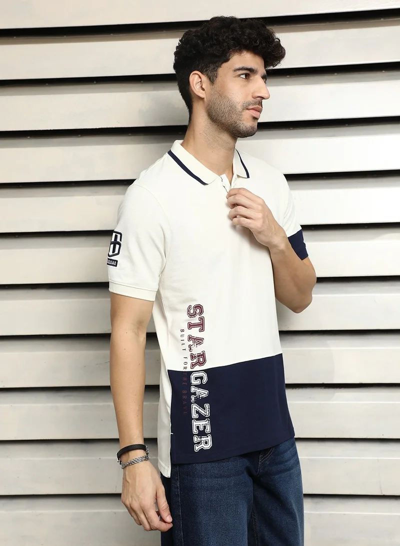 HIGH STAR Off White Polo Collar Color Block Cotton T-shirt for Men