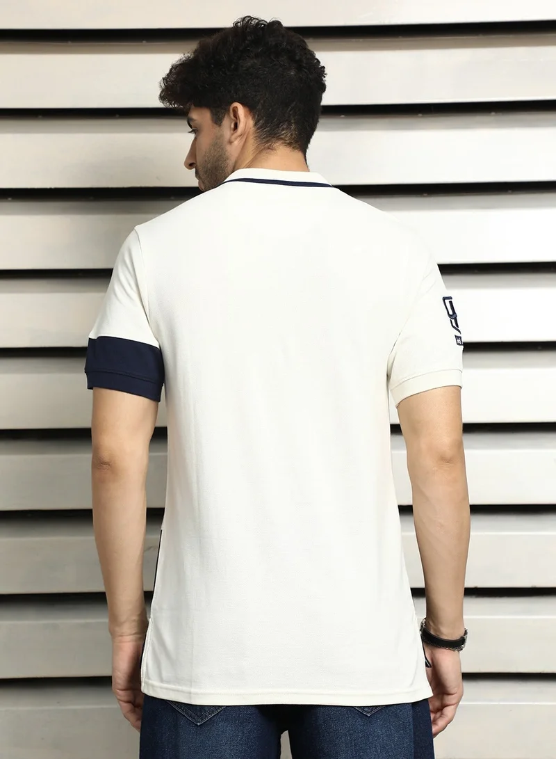 HIGH STAR Off White Polo Collar Color Block Cotton T-shirt for Men