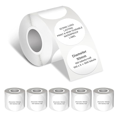 Seznik Waterproof, Non-Tearable, Sticky Thermal Labels, Round Shape, 50mm Diameter, 2 inch Self-Adhesive Thermal Paper for Mini Printer (Waterproof - 50mm Diameter - 500 Labels) - Image 1
