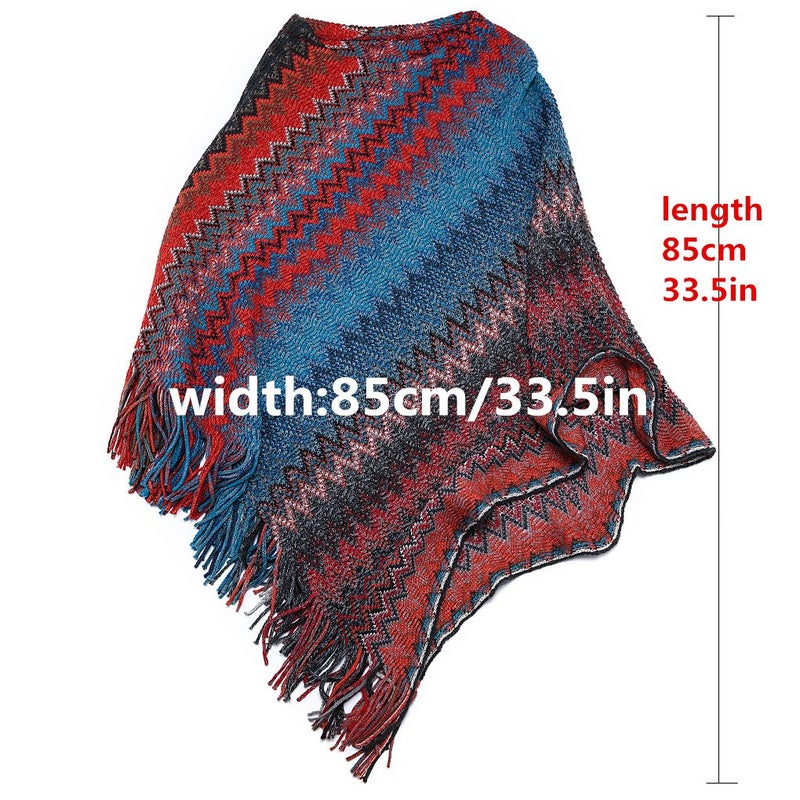 SherryDC Women's Zig-Zag Knit Tassel Fringed Pullover Poncho Sweater Cape Shawl Wrap Blue+red One Size - Image 5