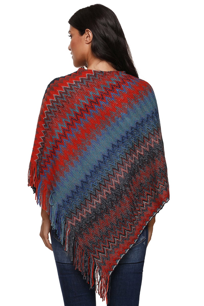 SherryDC Women's Zig-Zag Knit Tassel Fringed Pullover Poncho Sweater Cape Shawl Wrap Blue+red One Size - Image 2