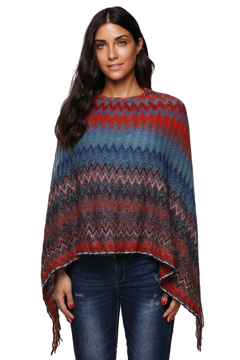 SherryDC Women's Zig-Zag Knit Tassel Fringed Pullover Poncho Sweater Cape Shawl Wrap Blue+red One Size - Image 3