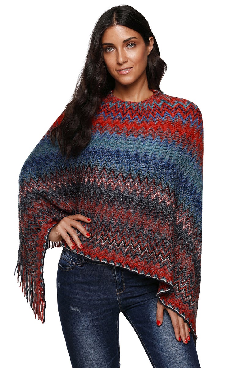 SherryDC Women's Zig-Zag Knit Tassel Fringed Pullover Poncho Sweater Cape Shawl Wrap Blue+red One Size - Image 4