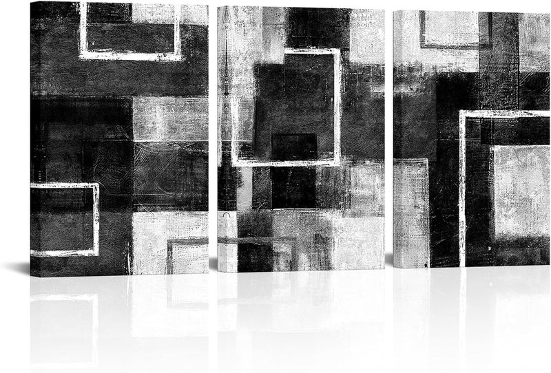 WELMECO Black Wall Art Geometric Lines Abstract Black Room Decor Picture Framed Artwork Living Room Bedroom Decor 16"x24"x3 Pieces (Black) - Image 1