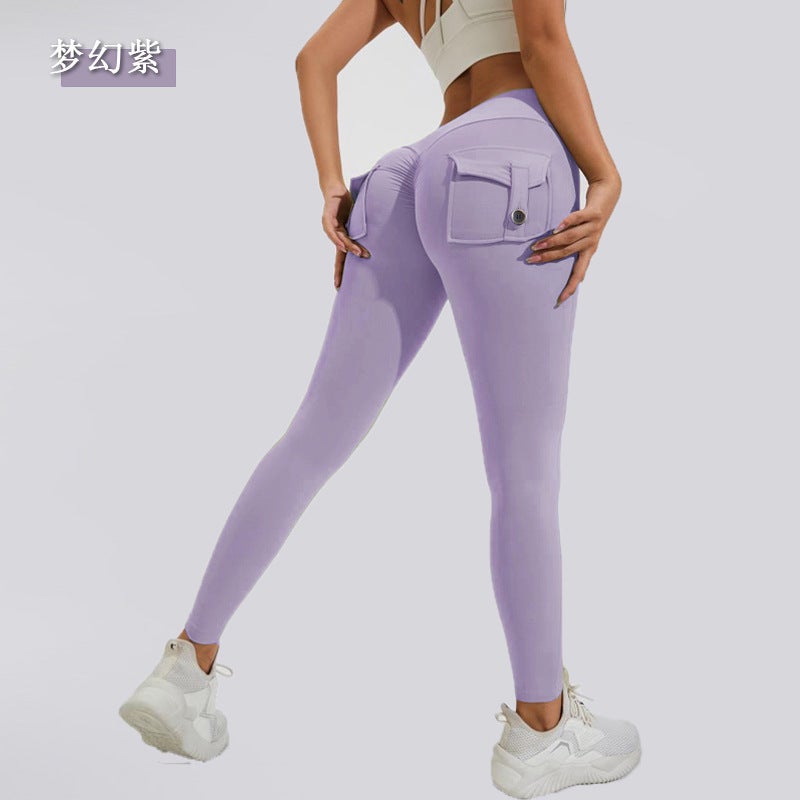 Generic 2024 yoga pants peach hip cross-border work pocket tights womens sports fitness pants hip yoga clothing wholesale Fantasy purple