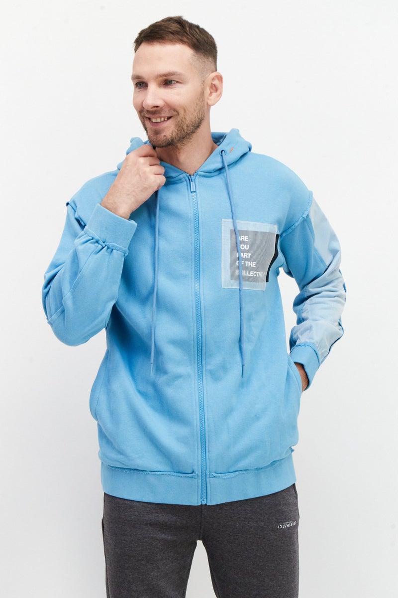 TRIBE OF 6 Men Graphic Full Zip Long Sleeves Hoodie, Aqua Blue - Image 1