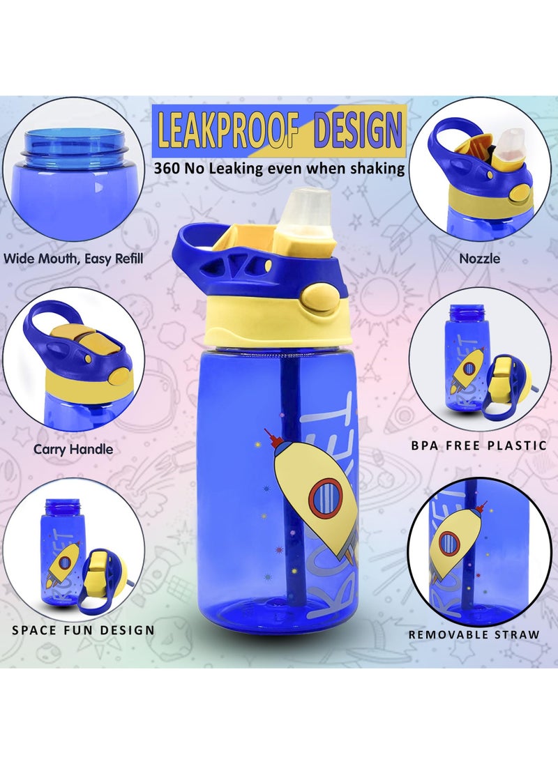 Mr. Penda - 1Pc Kids Drinking Water Bottle with Straw 480ml, Cute Toddler Cup, Leakproof Bpa Free Durable Plastic Bottle, Kids Gift for School (Blue) - Image 1