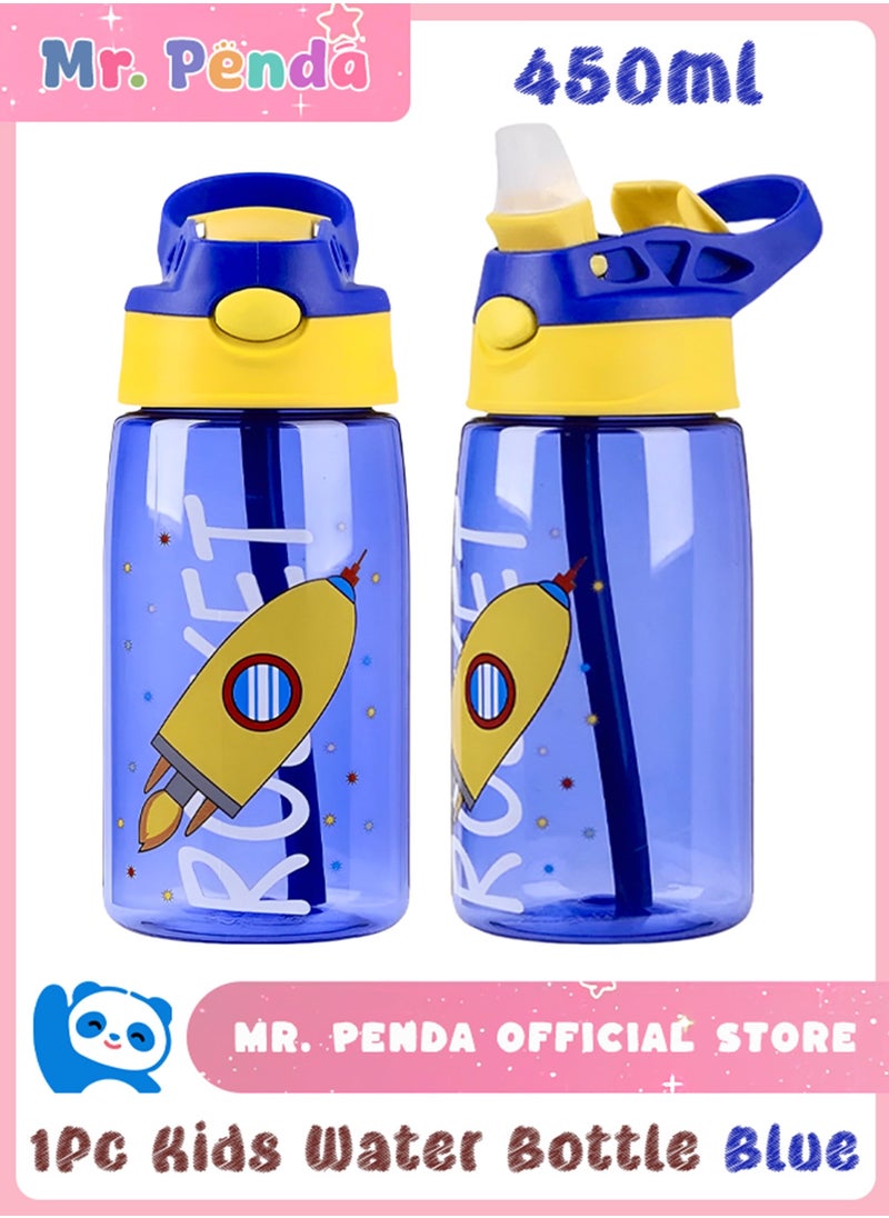 Mr. Penda - 1Pc Kids Drinking Water Bottle with Straw 480ml, Cute Toddler Cup, Leakproof Bpa Free Durable Plastic Bottle, Kids Gift for School (Blue) - Image 1