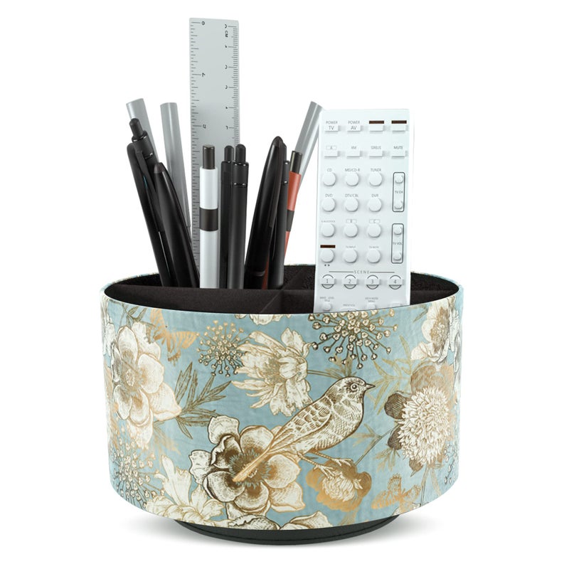 Hennaja Round Leather Art Supply Organizer,Remote Control Holder,360 Degree Rotating,Multi-Functional Pencil Holder,4 Compartments Desktop Stationary Organizer(1-Blue Bird) - Image 1