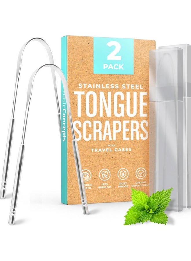 BASIC CONCEPTS Tongue Scraper (2 Pack), Reduce Bad Breath (Travel Cases Included), Stainless Steel Tongue Cleaners, Metal Tongue Scraper, Tongue Scraper For Adults - Fresher Breath In Seconds  - Image 1