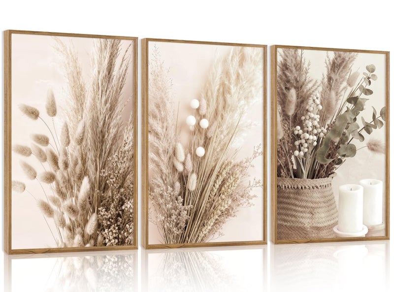 IARTTOP Framed Neutral Beige Floral Wall Art, Vintage Botanical Flowers Canvas Poster Boho Pampas Grass Wall Decor,Modern Minimalist Natural Plant Art Prints for Living Room Bedroom Office-16â€x24â€x3 - Image 1