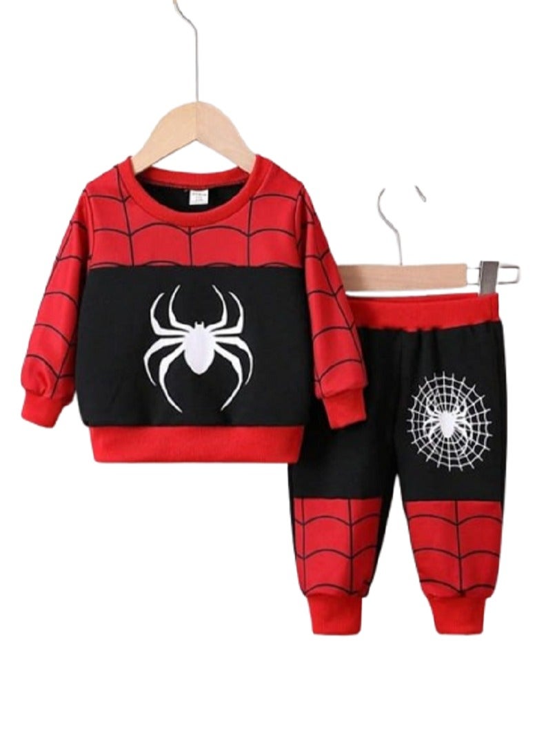 Young Boy 2-Piece Casual Spider Print Long-Sleeved Hooded Sweatshirt And Spider Web Print Trousers - Red
