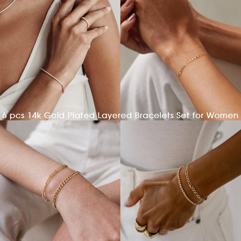 adoyi Gold Bracelets for Women, 14K Gold Plated Stackable Bracelet Stack Set Adjustable Charm Paperclip Chain Cuban Link Layered Waterproof Jewelry Sets Gifts for Womens 6.5 Inch - Image 4