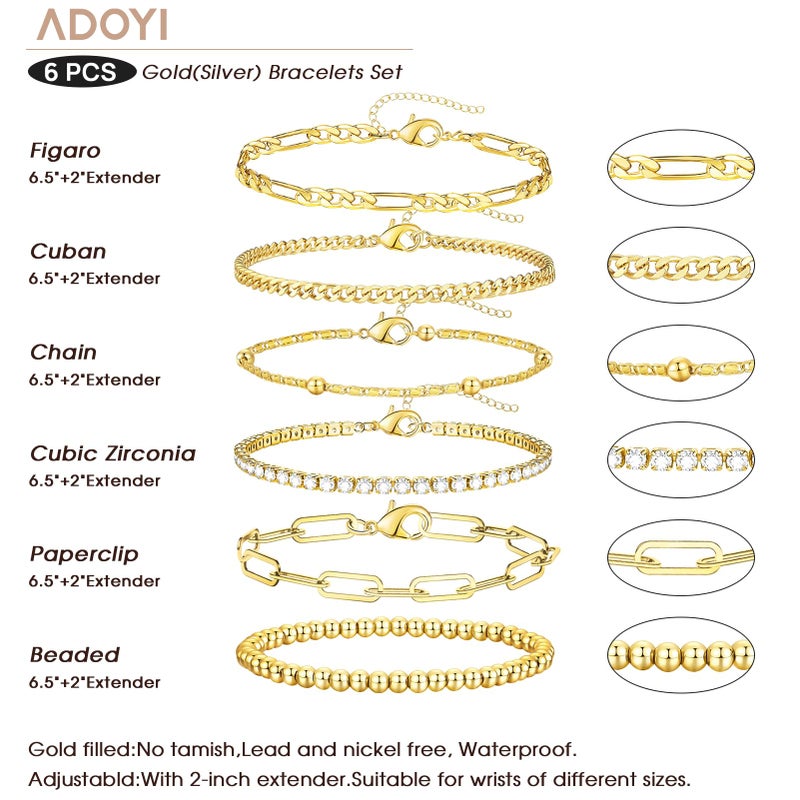 adoyi Gold Bracelets for Women, 14K Gold Plated Stackable Bracelet Stack Set Adjustable Charm Paperclip Chain Cuban Link Layered Waterproof Jewelry Sets Gifts for Womens 6.5 Inch - Image 5