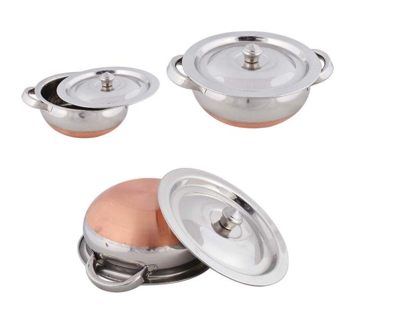 Meqstore Stainless Steel & Copper Handle Handi with Lid, 0.500 L, 0.800 L, 1.200 L, 3 Piece (Silver and Copper) - Image 4