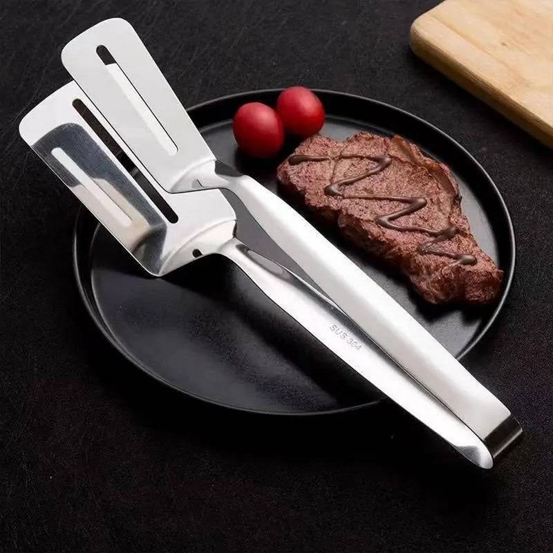 Vexton BBQ Cooking Tool Frying Turner Double Sided Spatula Multifunctional Stainless Steel Food Flipping Clip Steak Tong Food Clamp, 10 Inch - Image 1