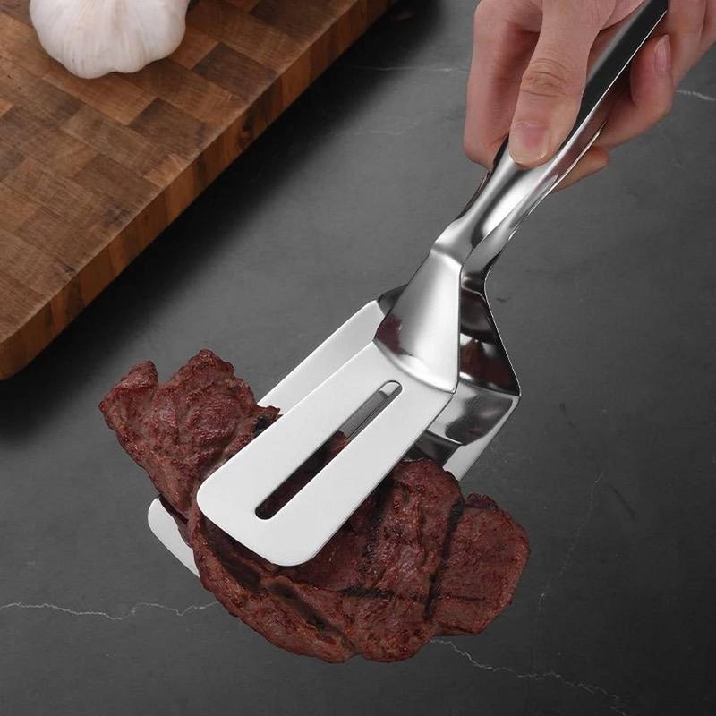 Vexton BBQ Cooking Tool Frying Turner Double Sided Spatula Multifunctional Stainless Steel Food Flipping Clip Steak Tong Food Clamp, 10 Inch - Image 2