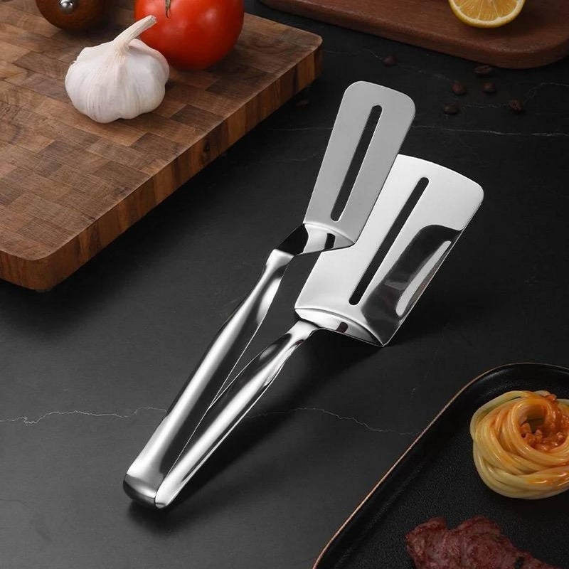 Vexton BBQ Cooking Tool Frying Turner Double Sided Spatula Multifunctional Stainless Steel Food Flipping Clip Steak Tong Food Clamp, 10 Inch - Image 3