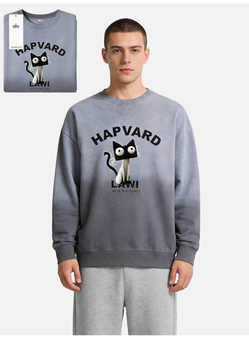Alo Yoga ALO Hapvard Cat Graphic Ombre Sweatshirt – Grey Gradient Oversized Crewneck Pullover - Image 1