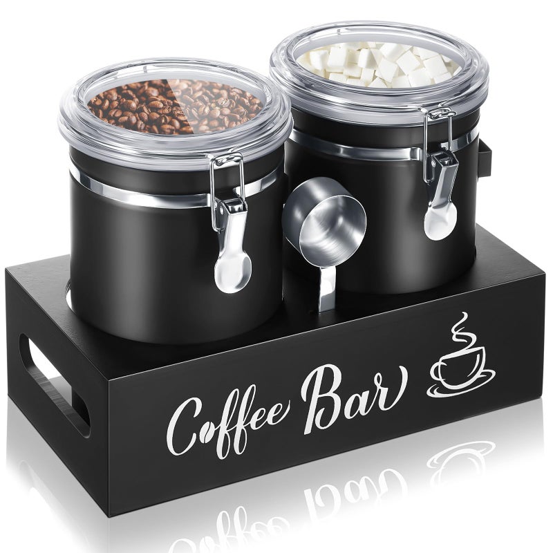 Maxcheck 2 Pcs 66 oz 304 Stainless Steel Coffee Canisters with Shelf - Airtight Locking Clamp & Scoop, Ground Coffee/Bean Storage, Kitchen Food Storage Jars, Gift for Coffee Lovers(Black) - Image 1