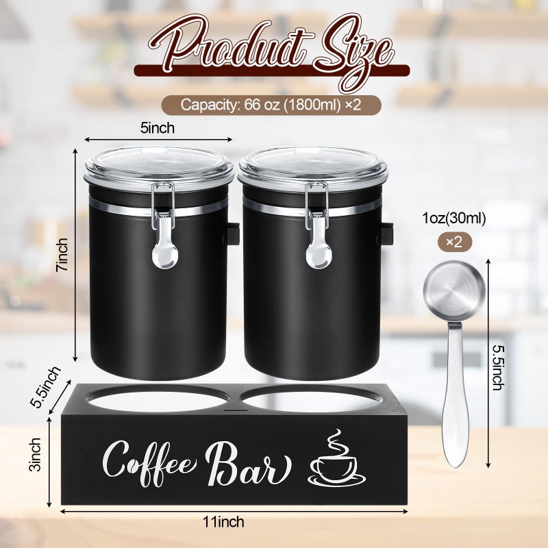Maxcheck 2 Pcs 66 oz 304 Stainless Steel Coffee Canisters with Shelf - Airtight Locking Clamp & Scoop, Ground Coffee/Bean Storage, Kitchen Food Storage Jars, Gift for Coffee Lovers(Black) - Image 2