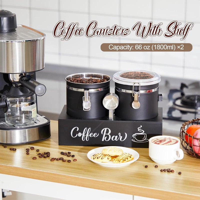 Maxcheck 2 Pcs 66 oz 304 Stainless Steel Coffee Canisters with Shelf - Airtight Locking Clamp & Scoop, Ground Coffee/Bean Storage, Kitchen Food Storage Jars, Gift for Coffee Lovers(Black) - Image 5