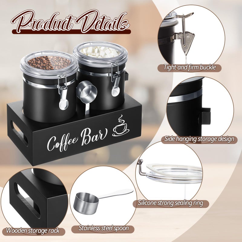 Maxcheck 2 Pcs 66 oz 304 Stainless Steel Coffee Canisters with Shelf - Airtight Locking Clamp & Scoop, Ground Coffee/Bean Storage, Kitchen Food Storage Jars, Gift for Coffee Lovers(Black) - Image 3