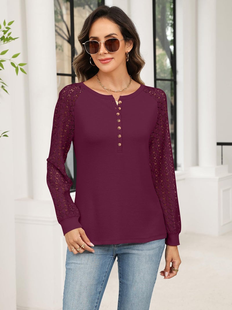 Minetom Women's Lace Long Sleeve Tops Henley Shirts Casual Blouses T Shirts Fall Clothes Wine Red - Image 2