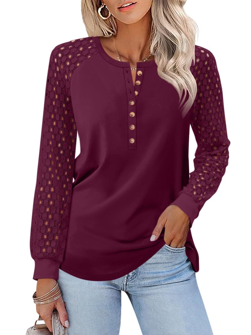Minetom Women's Lace Long Sleeve Tops Henley Shirts Casual Blouses T Shirts Fall Clothes Wine Red - Image 1