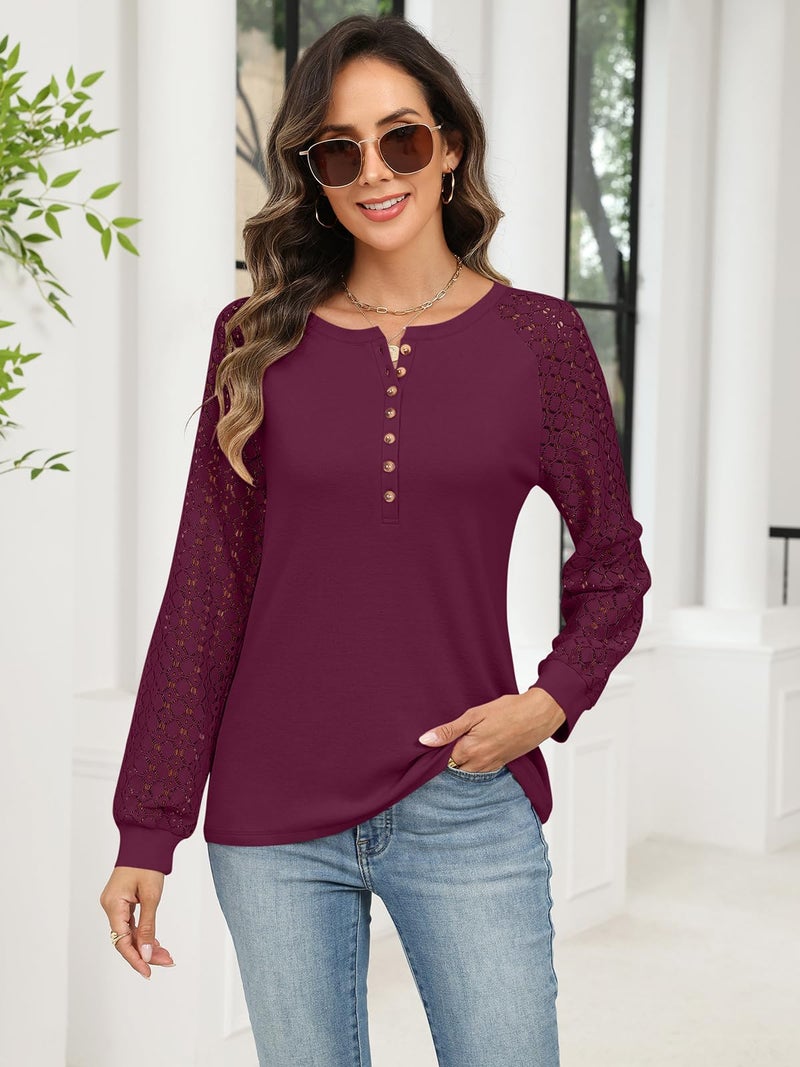 Minetom Women's Lace Long Sleeve Tops Henley Shirts Casual Blouses T Shirts Fall Clothes Wine Red - Image 3