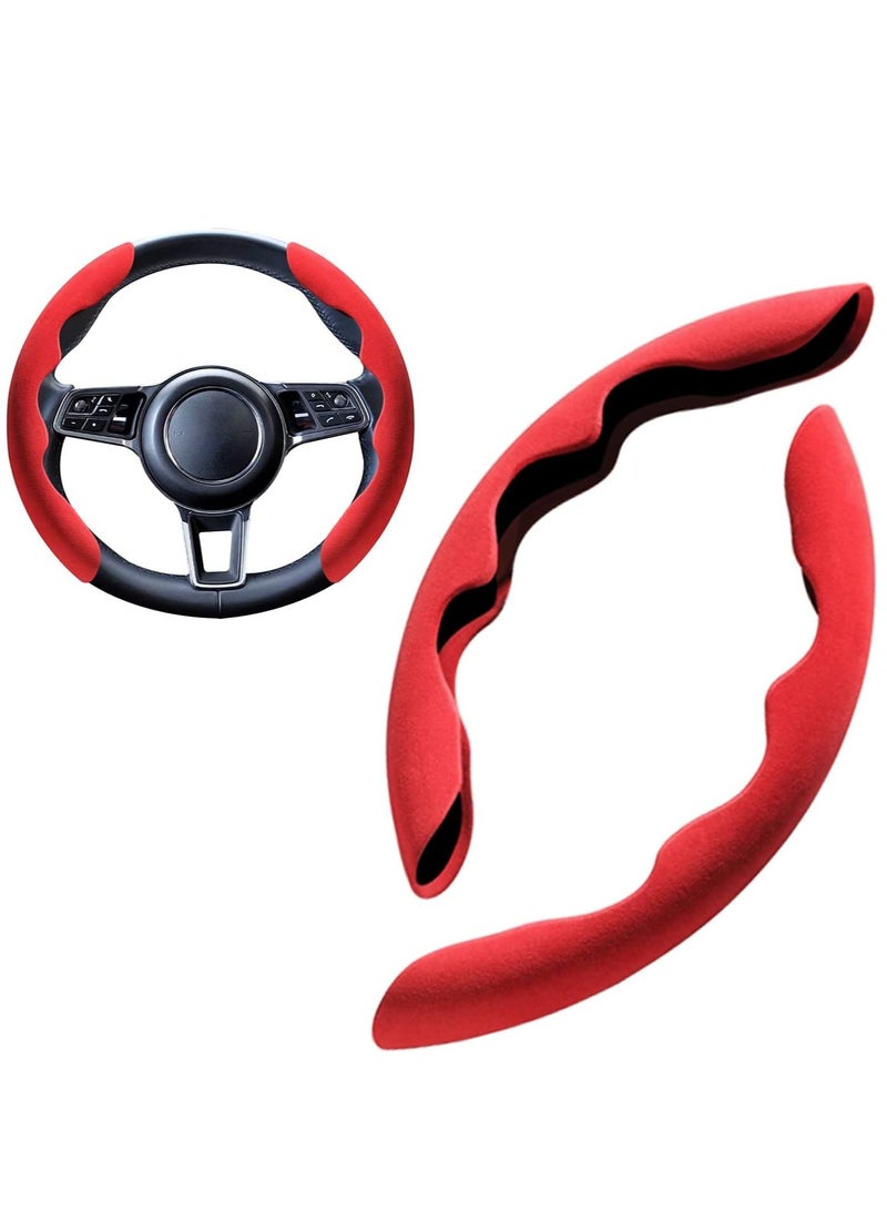 Sporty Steering Wheel Cover D Round Shape Universal Suede Carbon Fiber Anti Slip Breathable Segmented Steering Wheel Protector Cover Fashionable 38cm 15in Red - Image 1