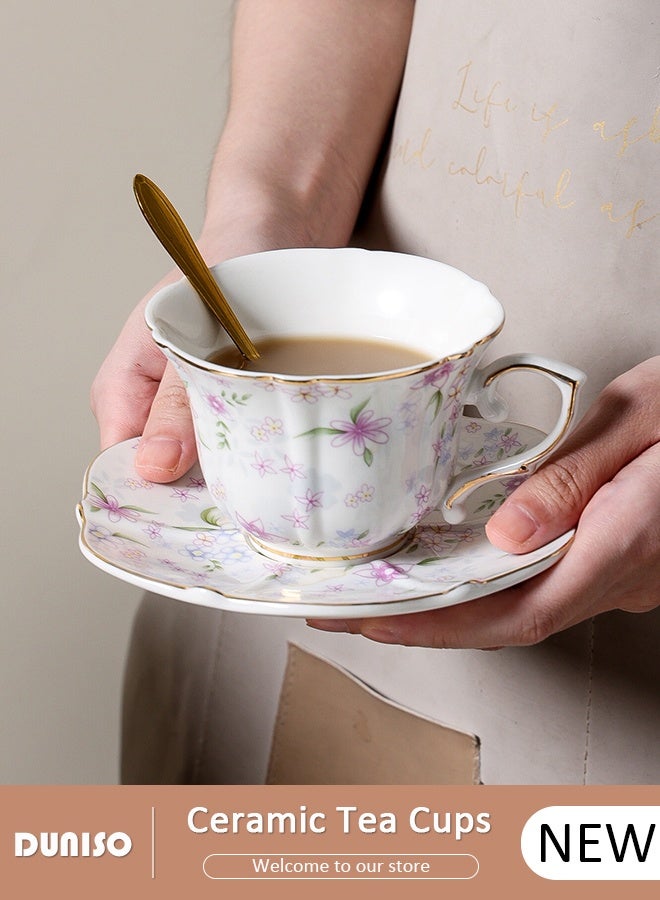 DUNISO طقم أكواب شاي وصحون خزفية، طقم شاي بورسلين لحفلة الشاي، أكواب شاي وصحون لشرب القهوة والشاي، طقم صحون للمطبخ وغرفة المعيشة، كوب قهوة خزفي للمكتب والمنزل - Image 1