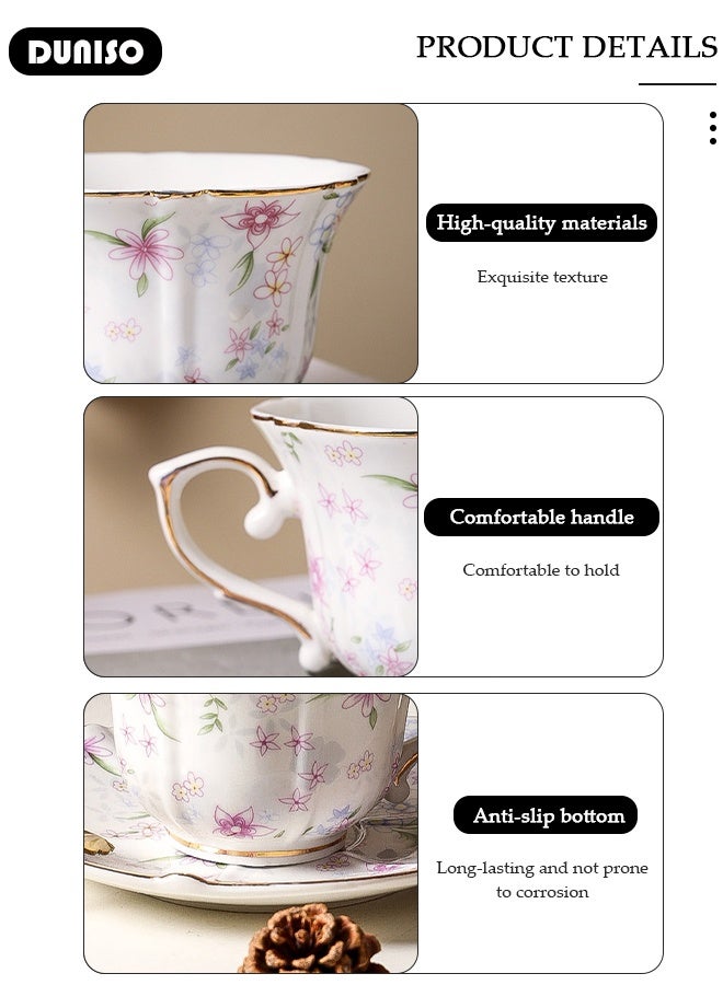 DUNISO طقم أكواب شاي وصحون خزفية، طقم شاي بورسلين لحفلة الشاي، أكواب شاي وصحون لشرب القهوة والشاي، طقم صحون للمطبخ وغرفة المعيشة، كوب قهوة خزفي للمكتب والمنزل - Image 3