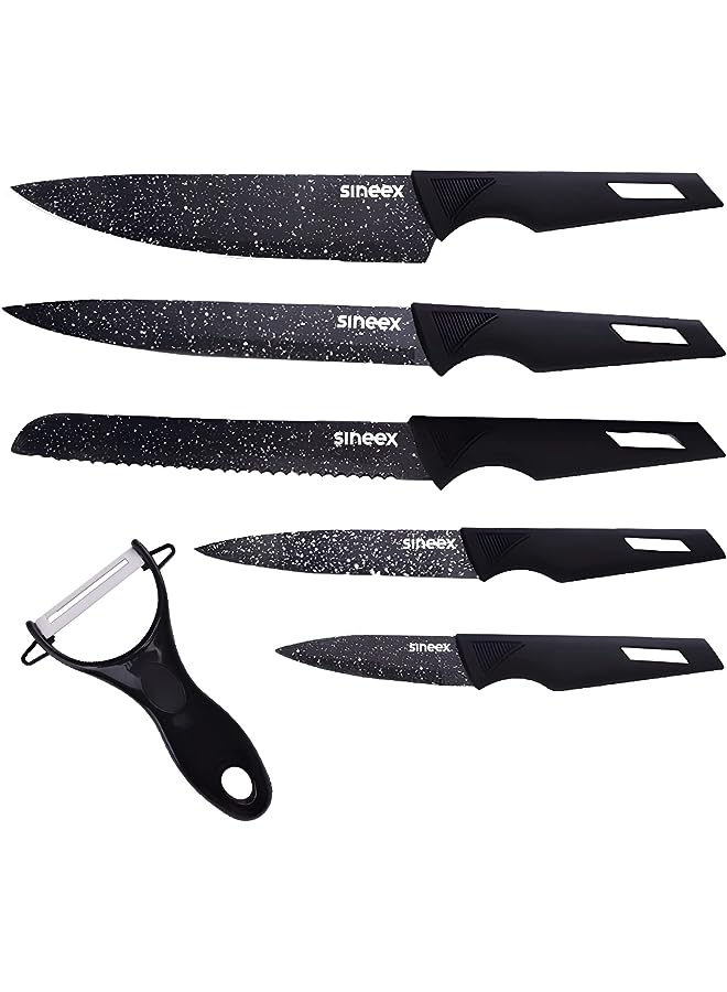 Raxoom 6Pcs Chef Kitchen Knife Set, Wheat Spot Stainless Steel Kitchen Knives w/Vegetable Peeler, Non-stick Sharp Blades w/Safe & Sturdy Handles for Slicing Dicing Chopping Paring Cutting (Black) - Image 1