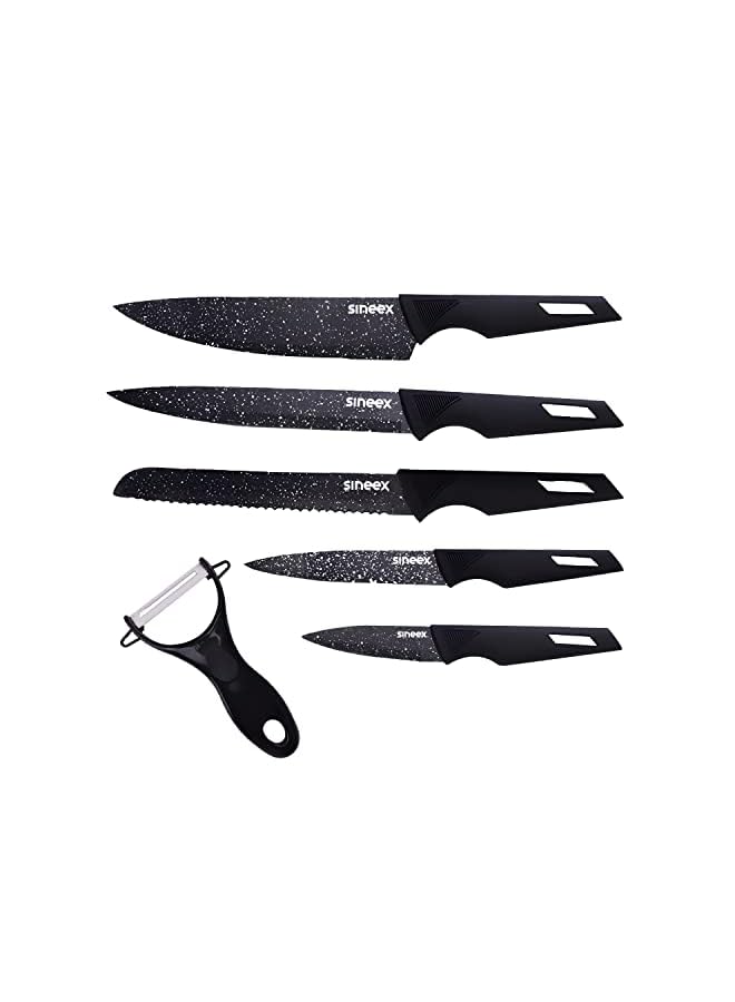 Raxoom 6Pcs Chef Kitchen Knife Set, Wheat Spot Stainless Steel Kitchen Knives w/Vegetable Peeler, Non-stick Sharp Blades w/Safe & Sturdy Handles for Slicing Dicing Chopping Paring Cutting (Black) - Image 2