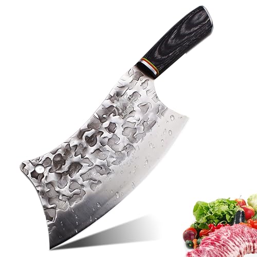 BLADESMITH Butcher Knife 8“, Forged Meat Cleaver Kitchen Knives, Curved High Carbon Steel Blade, PakaWood Handle, for Slicing and Cutting - Image 1